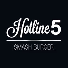 Logo von Hotline 5 Smash Burger mit weißem Schriftzug auf schwarzem Hintergrund.